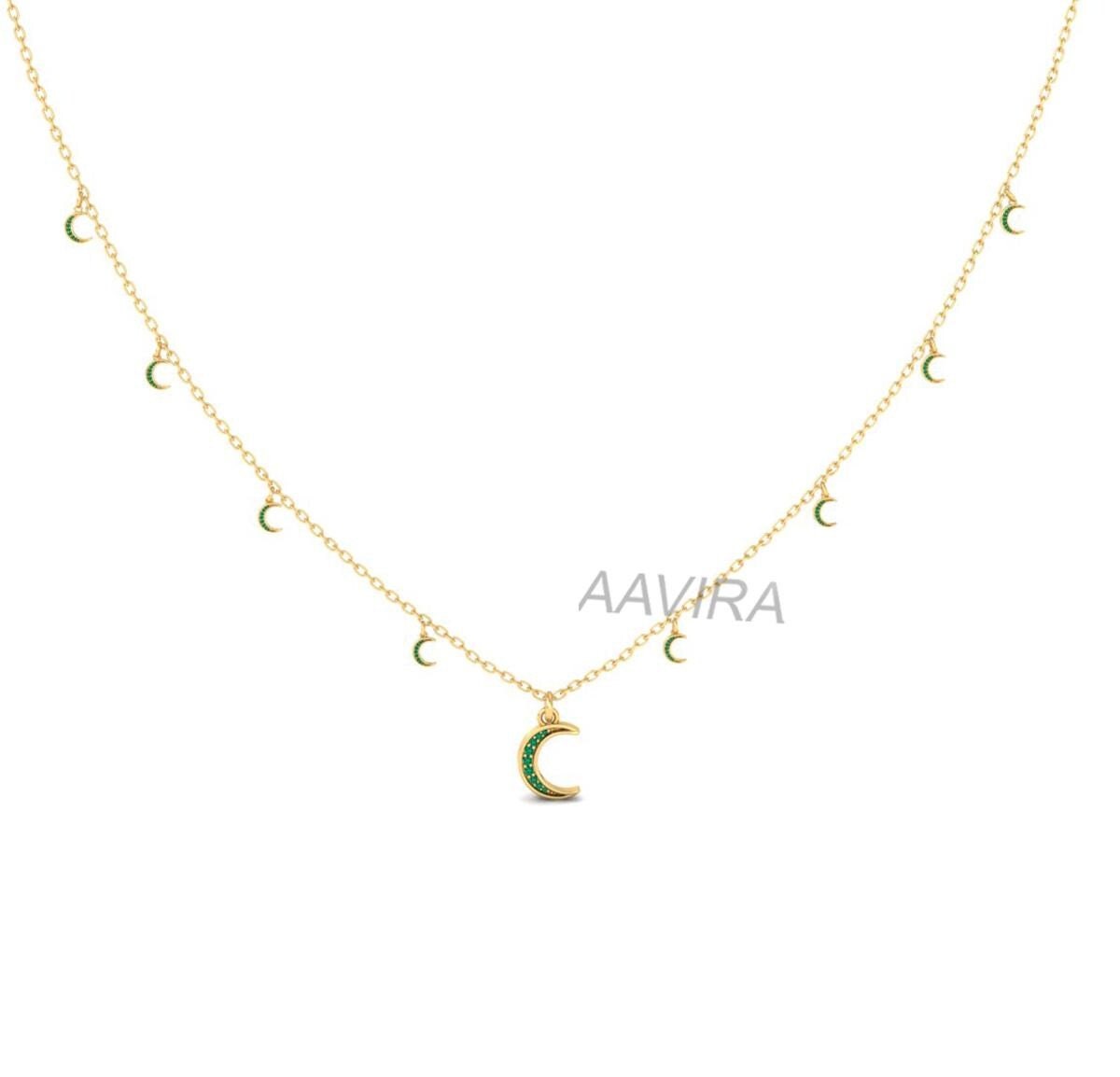 Moon Shape Emerald Necklace, Crescent Necklace, Green Emerald Moon Necklace, Anniversary Gift, Ruby Necklace, Gemstone Necklace, Women Gift