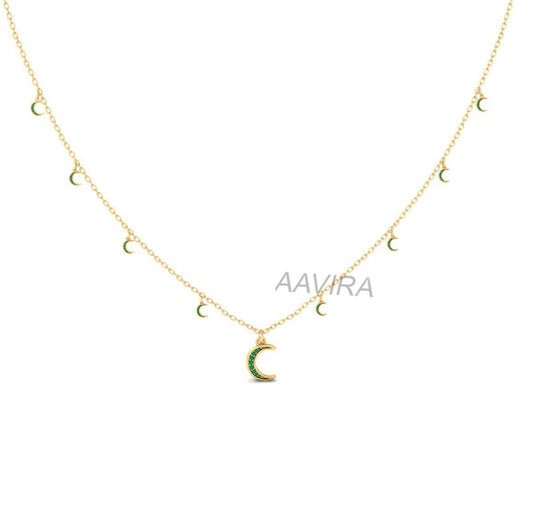 Moon Shape Emerald Necklace, Crescent Necklace, Green Emerald Moon Necklace, Anniversary Gift, Ruby Necklace, Gemstone Necklace, Women Gift