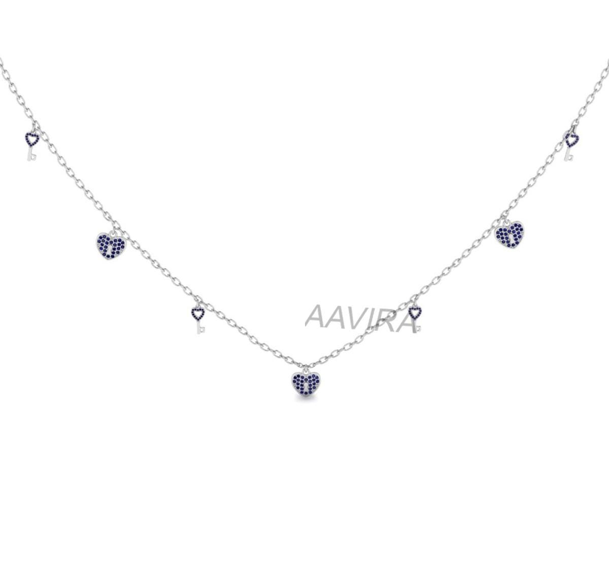 Women's Blue Sapphire Necklace, Key Lock Heart Blue Sapphire Necklace, Key Pendant Necklace, Gemstone Jewelry, Dainty Minimalist Necklace