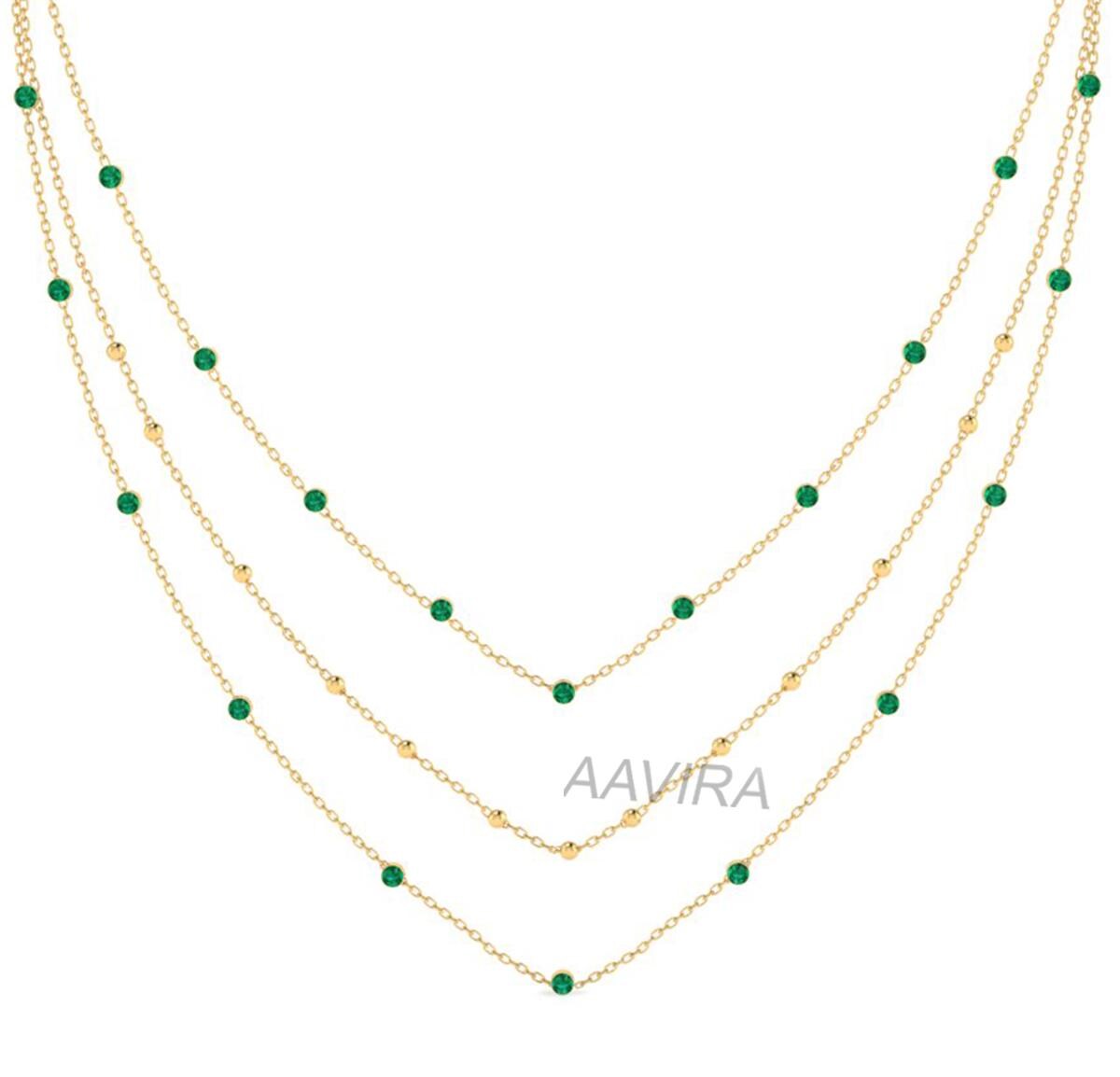 Three Layering Green Emerald Necklace, Emerald Necklace, Bezel Set Necklace, Yard Station Necklace, Beaded Necklace, Multi Gemstone Necklace
