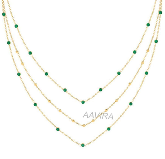Three Layering Green Emerald Necklace, Emerald Necklace, Bezel Set Necklace, Yard Station Necklace, Beaded Necklace, Multi Gemstone Necklace