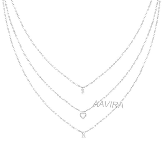 S Loves K Alphabet Diamond Yard Station Necklace, Personalized Necklace Initial, 925 Sterling Silver 3 Set Layer Necklaces, Heart Necklace