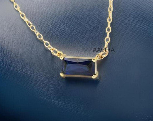 Dainty Blue Sapphire Pendant, Blue Baguette Pendant, Thin Baguette Necklace, Baguette Chain Pendant Necklace, Solitaire Birthstone Pendant
