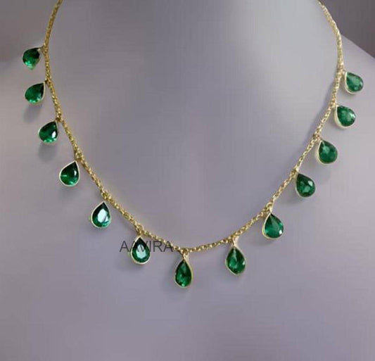 Emerald Stations Necklace For Women, Pear Necklace, Charm Station Necklace for Her, Handmade Necklace, Bezel Set Pear Necklace, Gift For Her