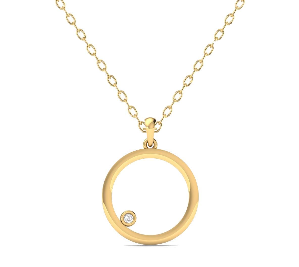 Bezel Set Circle Diamond Pendant, Circle Diamond Pendant, Solitaire Diamond Necklace, 14k Yellow Gold Plated, Women's Diamond Chain Pendant