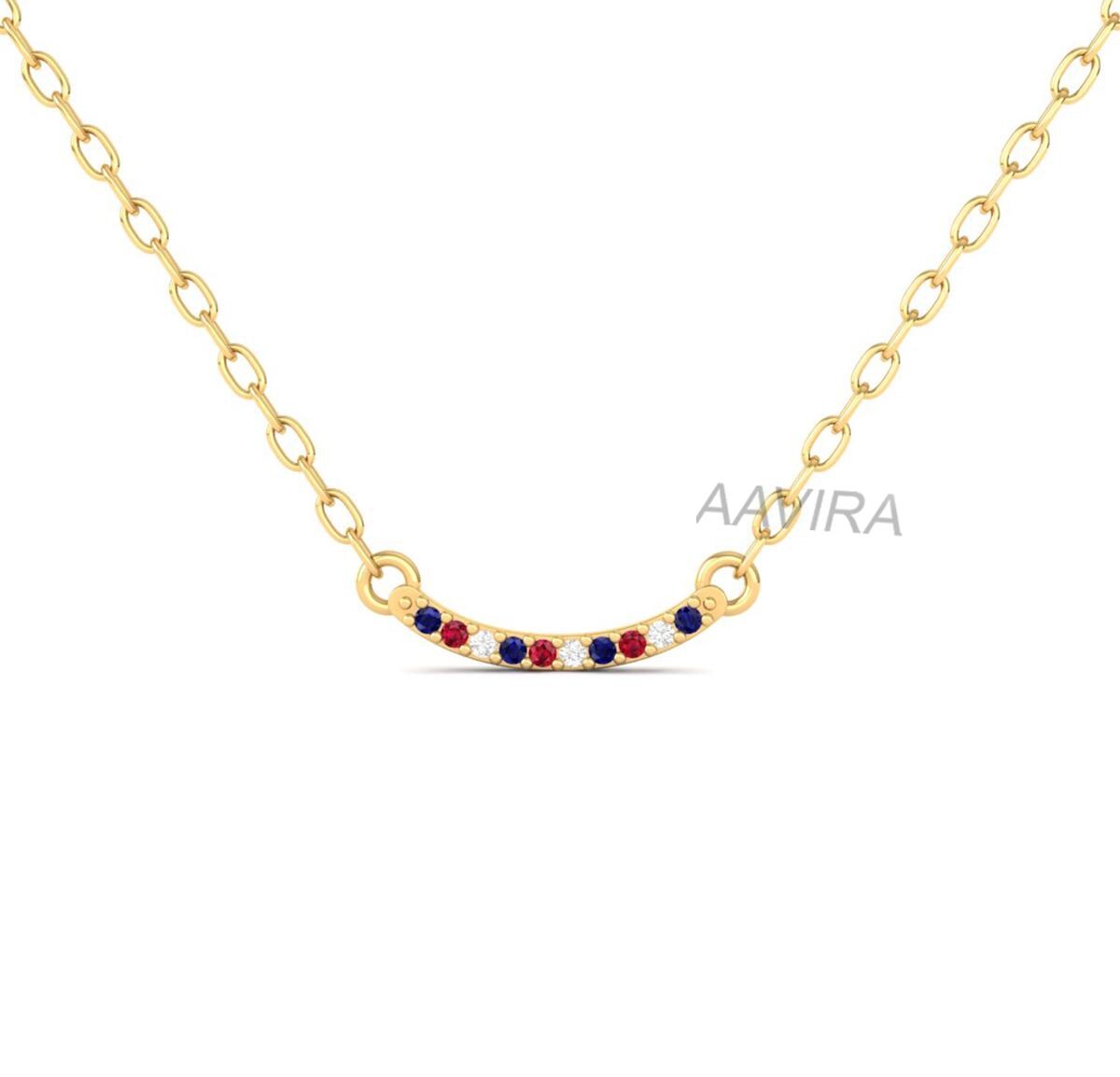 Dainty Diamond Bar Necklace, Charm Necklace, Sapphire Ruby Diamond Bar Necklace, Gemstone Smile Necklace, Gift For Friend, Bridesmaid Gift