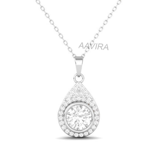 Teardrop Shape Bezel Pendant, Round Bezel Pendant, 925 Sterling Silver Necklace 18 Inch Chain, Dainty Diamond Pendant, Wedding Bride Pendant