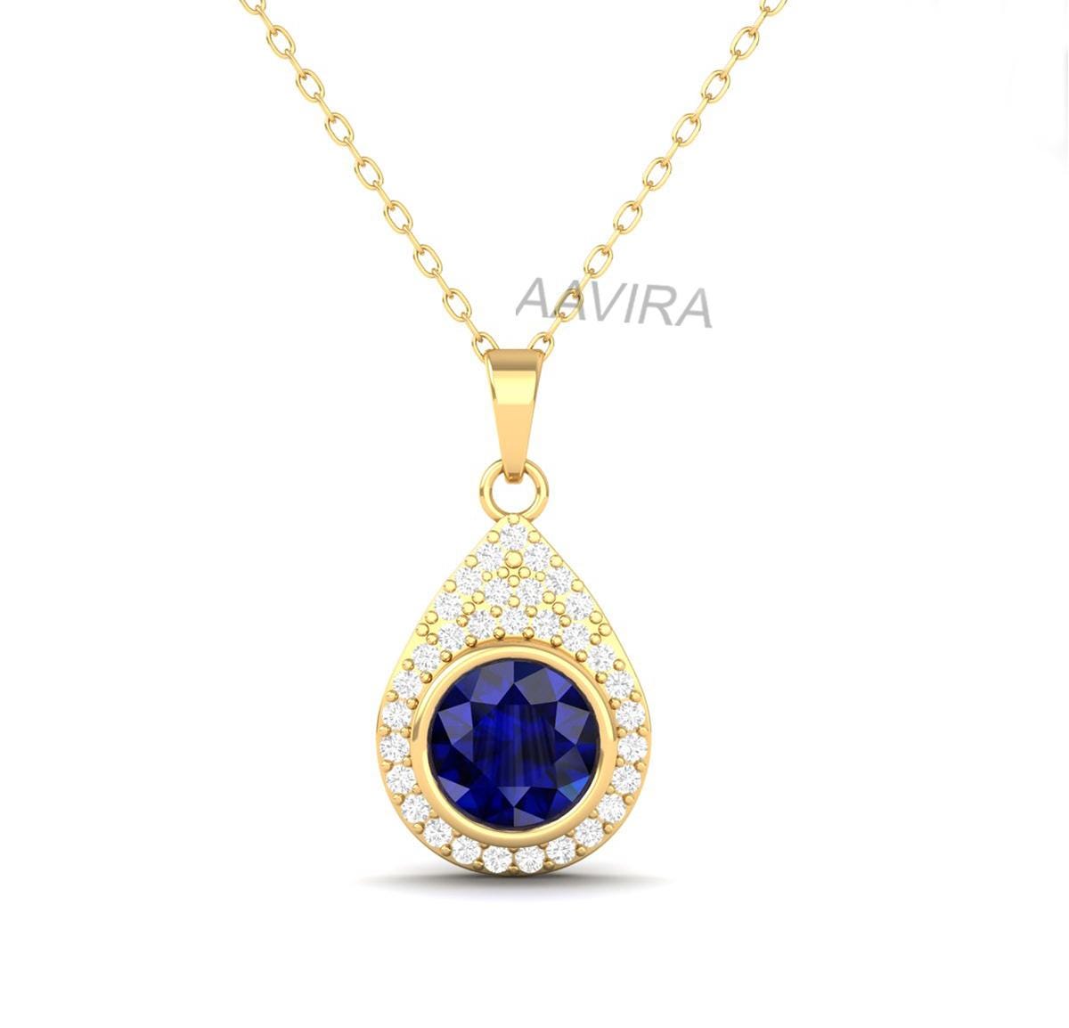 Sterling Silver Blue Sapphire Pear Drop Pendant, Round Sapphire Bezel Pendant, Classic Silver Pendant, Dainty Diamond Pendant, Ruby Pendant