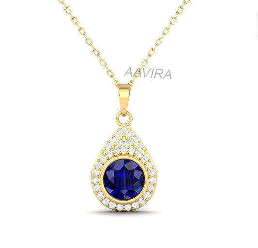 Sterling Silver Blue Sapphire Pear Drop Pendant, Round Sapphire Bezel Pendant, Classic Silver Pendant, Dainty Diamond Pendant, Ruby Pendant