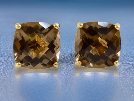 Cushion Stud Earrings, Delicate Studs, 14k Yellow Gold Smoky Quartz Earrings, Solitaire Handmade Earrings, Everyday Earrings, Gifts for Mom