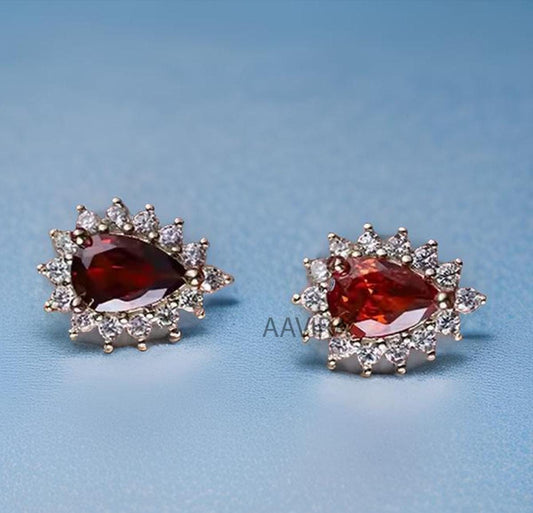 Halo Red Ruby Stud Earrings, Pear Cut Ruby Earrings, Gemstone Earrings, Ruby Diamond Earrings for Her, Push Back Earrings, Gift for Mom
