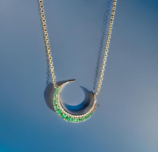Emerald Moon Pendant, Moon Shape Pendant, Crescent Necklace, Emerald & Diamond Necklace, Dainty Pendant for Mom, Crescent Moon Necklace