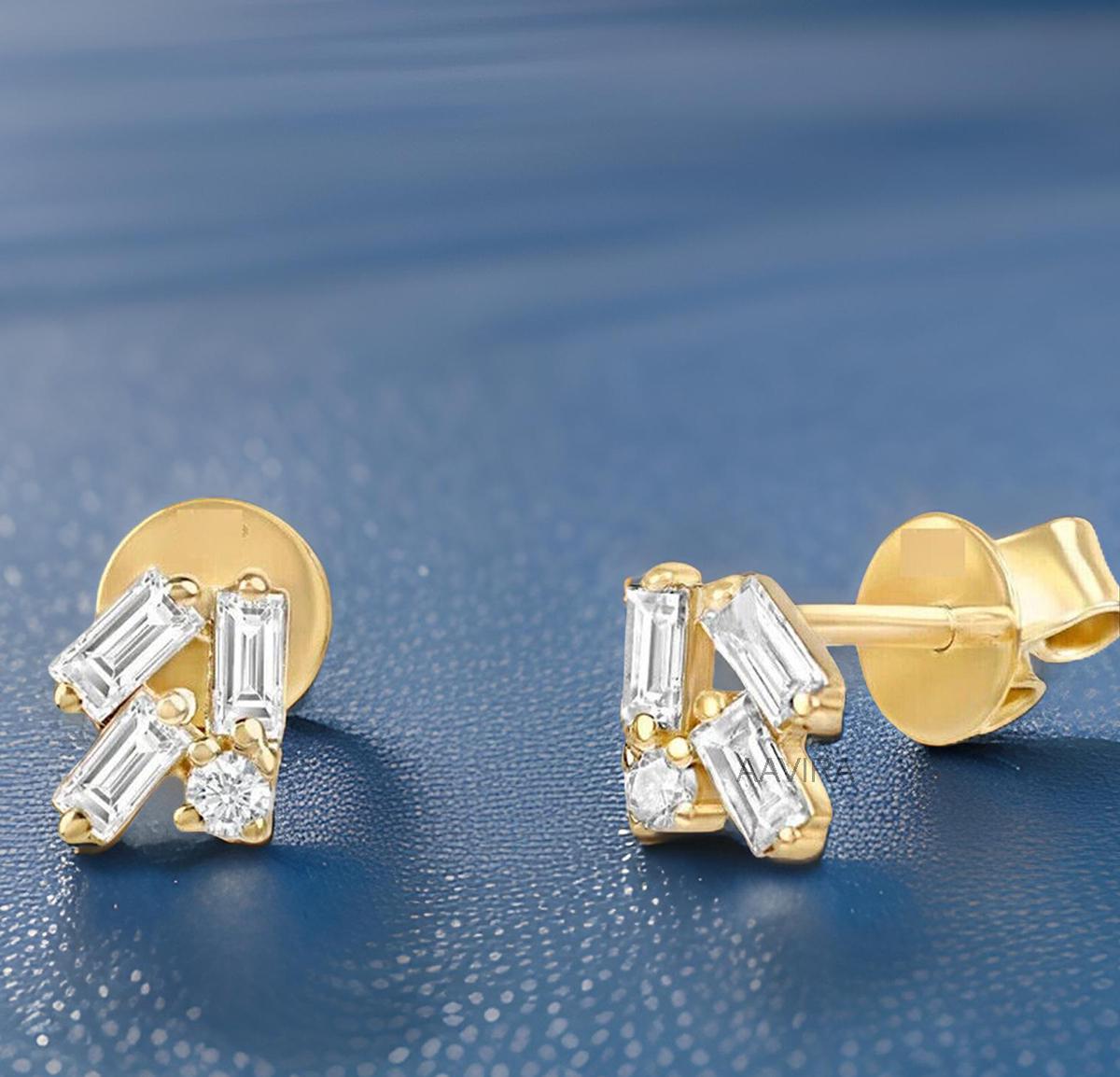 Dainty Baguette Diamond Earrings, Baguette Studs, 14k Yellow Gold Baguette Earrings, Sterling Silver, Handmade Earrings, Gifts for Mom