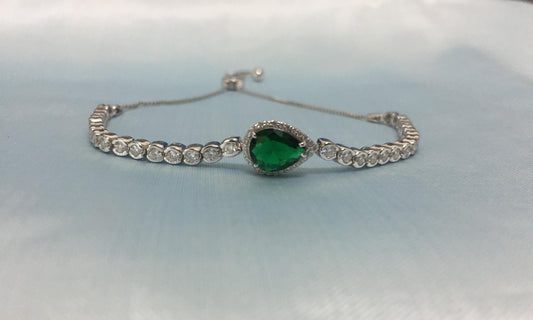 Pear Cut Emerald Bracelet, Emerald Bolo Bracelet, 14k White Gold Plated, Handmade Bracelet, Halo Diamond Bracelet, Bezel Dainty Bracelet