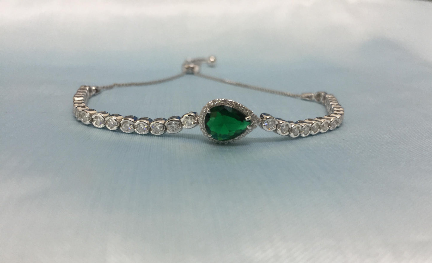 Pear Cut Emerald Bracelet, Emerald Bolo Bracelet, 14k White Gold Plated, Handmade Bracelet, Halo Diamond Bracelet, Bezel Dainty Bracelet