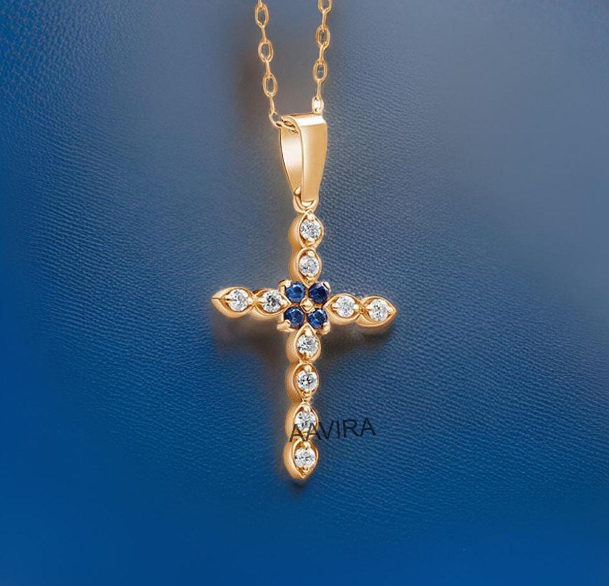 Sapphire Cross Necklace, Minimalist Religious Pendant, Diamond And Sapphire Cross Necklace, Cross Pendant, Graduation Gift, Women's Pendant