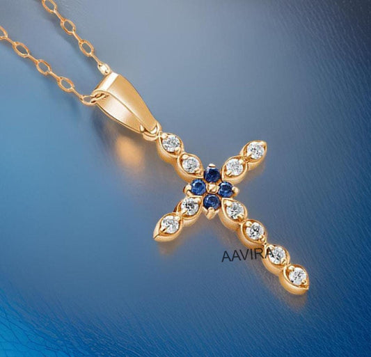 Sapphire Cross Necklace, Minimalist Religious Pendant, Diamond And Sapphire Cross Necklace, Cross Pendant, Graduation Gift, Women's Pendant