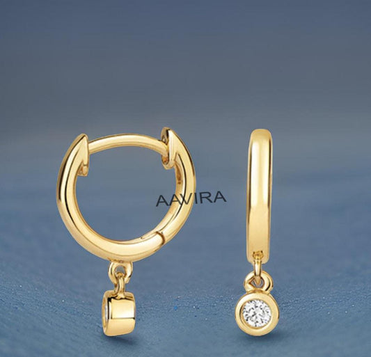 Moissanite Diamond Drop Huggie Hoops, Drop & Dangle Earrings, Dainty Earrings, Dangle Hoop Earrings, Bezel Set Diamond Earring, Clip On