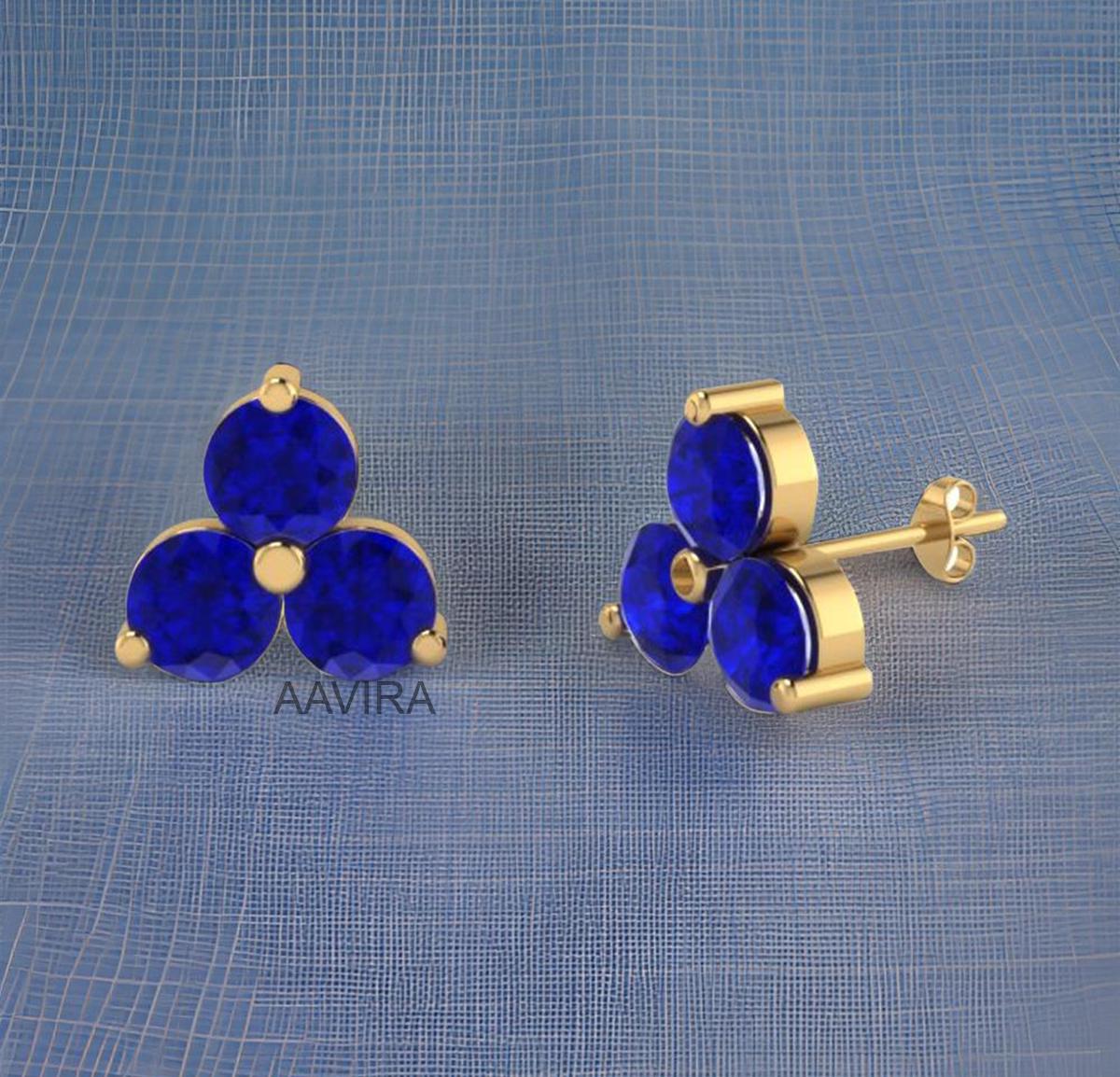 Sapphire Earrings, Round Cut Three Stone Earrings, Stud Earrings, Push Back Earrings, Minimalist Stud Earrings, 14k Yellow Gold Plated Stud