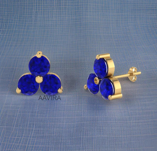 Sapphire Earrings, Round Cut Three Stone Earrings, Stud Earrings, Push Back Earrings, Minimalist Stud Earrings, 14k Yellow Gold Plated Stud