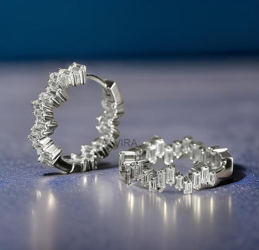 Baguette Hoop Earrings, Diamond Hoop Earrings, In Out Diamond Hoop Earrings, Clip On Earrings, Baguette Diamond Hoops, Women Unique Earrings
