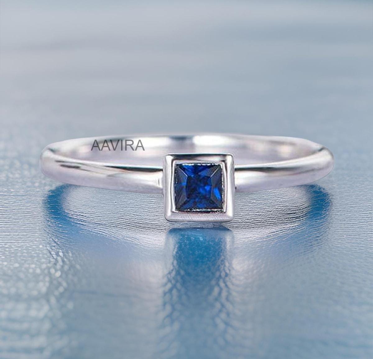 Princess Ring, Blue Sapphire Bezel Ring, Solitaire Birthstone Ring, 925 Silver Ring, Princess Cut Sapphire Ring, Handmade Jewelry For Mom
