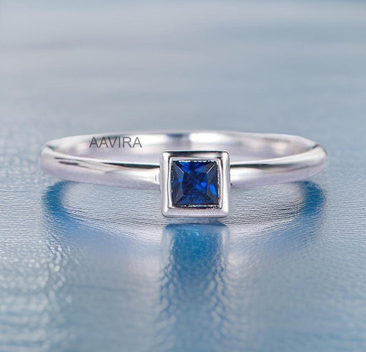 Princess Ring, Blue Sapphire Bezel Ring, Solitaire Birthstone Ring, 925 Silver Ring, Princess Cut Sapphire Ring, Handmade Jewelry For Mom