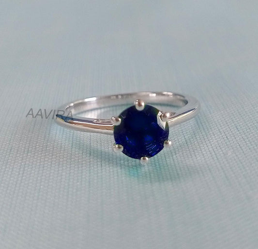 Sapphire Solitaire Ring, Round Sapphire Ring, Solitaire Engagement Ring, Silver Sapphire Ring, Minimalist Ring, Handmade Jewelry Women Gift
