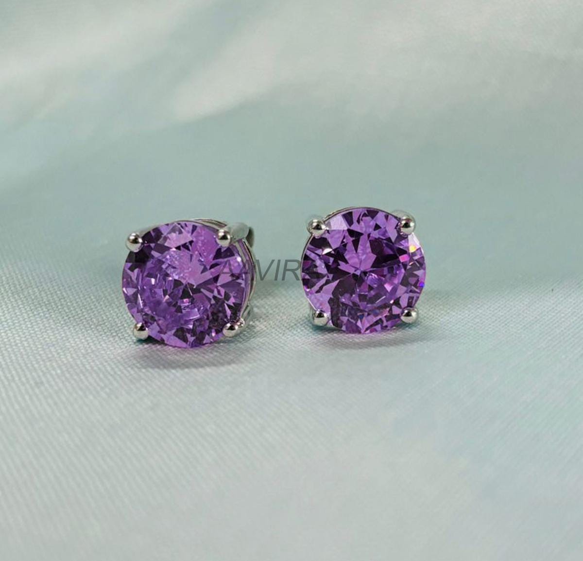 10mm Amethyst Gemstone Earrings, Round Cut Stud Earrings, 14k White Gold Plated, Purple Earrings, Birthstone Earrings, Perfect Gift for Her