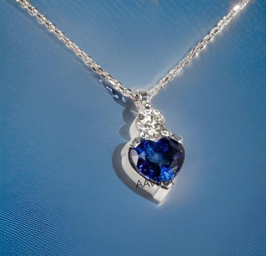 Blue Sapphire Heart Necklace, Heart Jewelry, Blue Sapphire Heart Necklace, Women Heart Chain Pendant, Sapphire Diamond Pendant, Gift for Mom