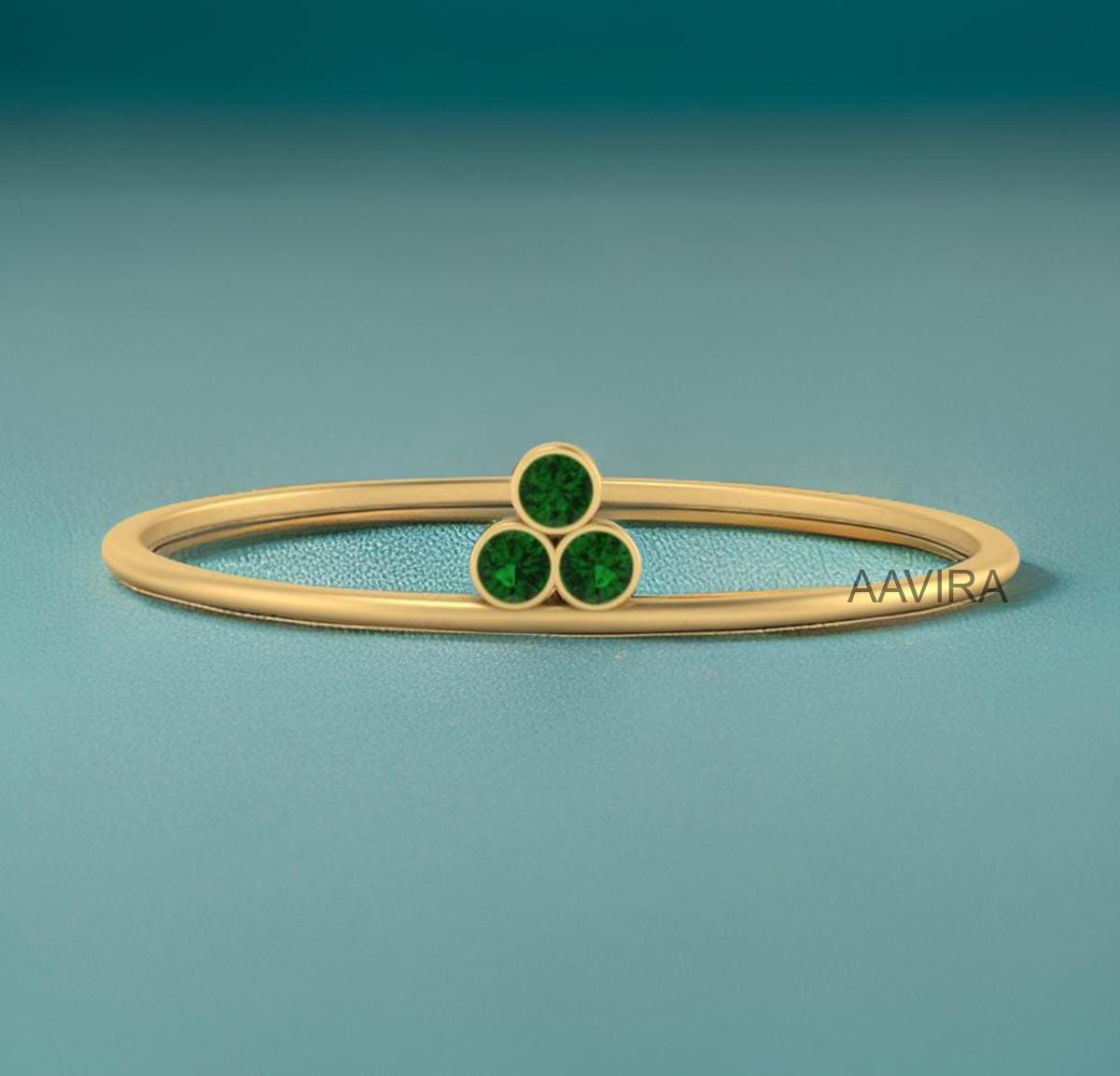 14k Yellow Gold Plated Emerald Ring, Three Stone Ring, Green Emerald Gemstone Ring, Dainty Stacking Ring Gift, Mother's Day Gift for Mom