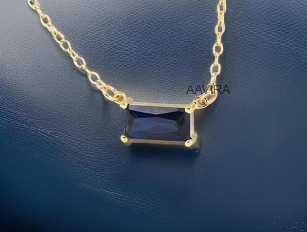 Dainty Blue Sapphire Pendant, Blue Baguette Pendant, Thin Baguette Necklace, Baguette Chain Pendant Necklace, Solitaire Birthstone Pendant