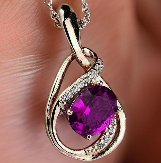 Amethyst Necklace, Oval Amethyst Necklace, Amethyst Diamond Pendant, Gemstone Jewelry, Women's February Birthstone Pendant, Gift for Her