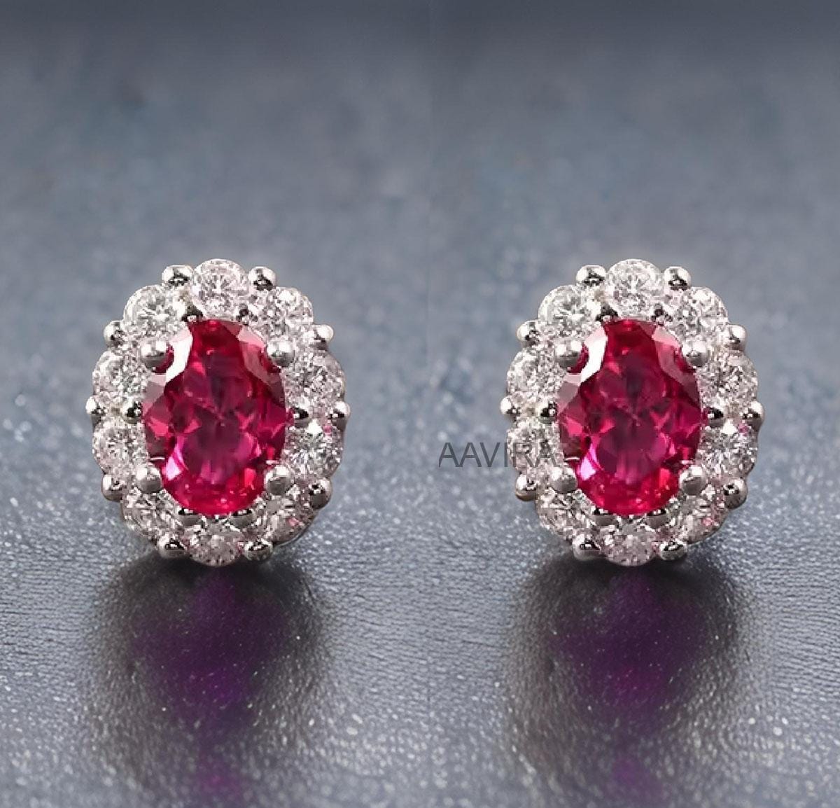 Oval Ruby Stud Earrings, Ruby Stud Earrings, 14K White Gold Diamond Earrings, Push Back Earring, Wedding Earrings for Women, Jewelry Gifts