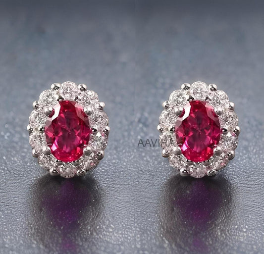 Oval Ruby Stud Earrings, Ruby Stud Earrings, 14K White Gold Diamond Earrings, Push Back Earring, Wedding Earrings for Women, Jewelry Gifts