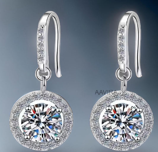 Moissanite Dangles for Women, Dangle Earrings, Moissanite Diamond Halo Dangle Earrings, Ear Wire Dangly Earrings for Her, Delicate Earrings
