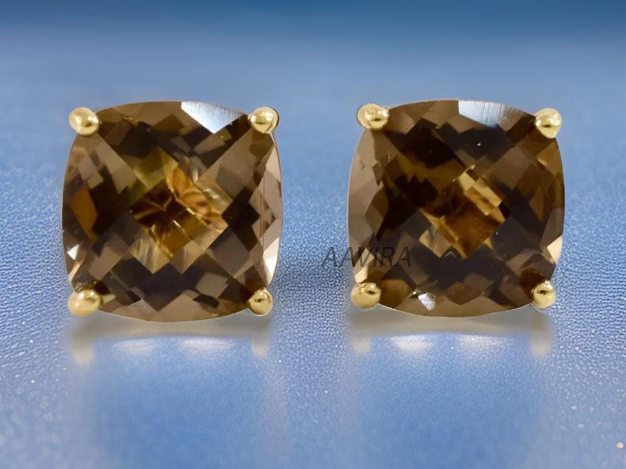Cushion Stud Earrings, Delicate Studs, 14k Yellow Gold Smoky Quartz Earrings, Solitaire Handmade Earrings, Everyday Earrings, Gifts for Mom