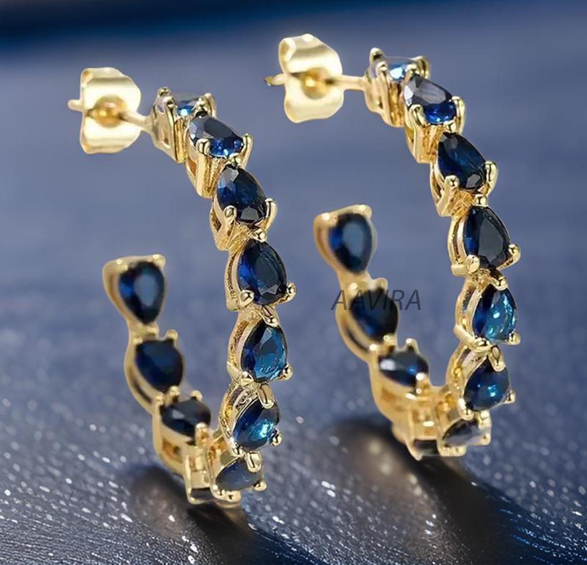 Blue Sapphire Hoop Earrings, Sapphire Inside Outside Hoop Earrings, Pear Cut Blue Sapphire Gemstone Earrings, Women's Earrings, Hoop Dangles