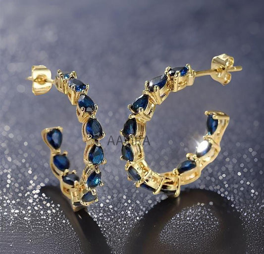 Blue Sapphire Hoop Earrings, Sapphire Inside Outside Hoop Earrings, Pear Cut Blue Sapphire Gemstone Earrings, Women's Earrings, Hoop Dangles
