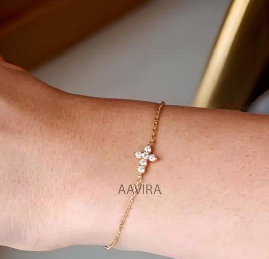 Small Diamond Cross Bracelet, Dainty Cross Bracelet, Stackable Bracelet, Charm Bracelets for Women, Minimalist Christian Religious Jewelry