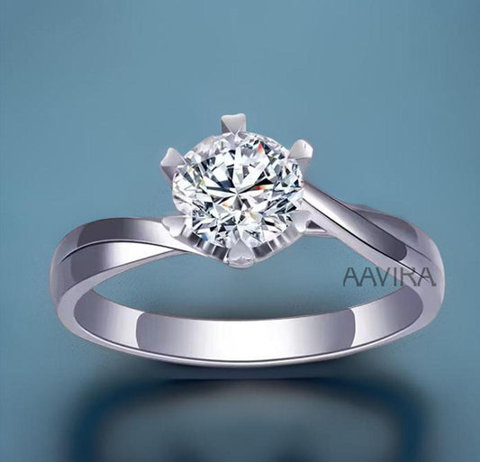 Twist Round Diamond Engagement Ring, Solitaire Rings for Women, Promise Moissanite Ring, 14k White Gold Over Twist Band, 6 Prong Set Ring