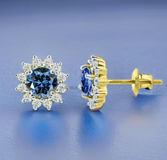 Aquamarine & Diamond Earrings, Blue Earrings, Halo Earrings, Screw Back Earrings, Flower Stud Earrings, Mother's Day Gifts, Gemstone Studs