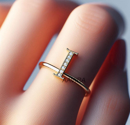 I Initial Ring, Moissanite Diamond Initial Ring, Personalized Dainty Stacking Ring, Customizable Letter Ring for Women, Minimalist Ring Gift
