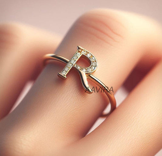 R Initial Ring Sterling Silver, R Letter Diamond Ring, R Initial Moissanite Ring, Stackable Personalized Letter Ring, Custom Initial Ring