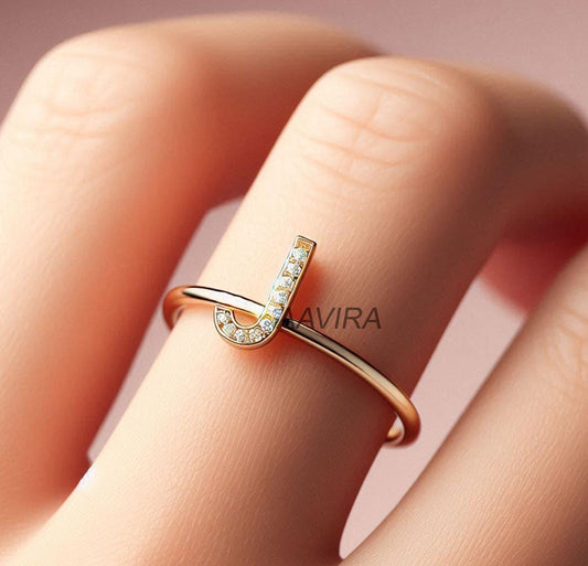 Initial J Ring, Handmade Alphabet Jewelry, Monogram Letter J Ring, Moissanite Ring for Women, Monogram J Ring, Name Ring, Alphabet Ring Gift