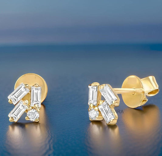 Dainty Baguette Diamond Earrings, Baguette Studs, 14k Yellow Gold Baguette Earrings, Sterling Silver, Handmade Earrings, Gifts for Mom