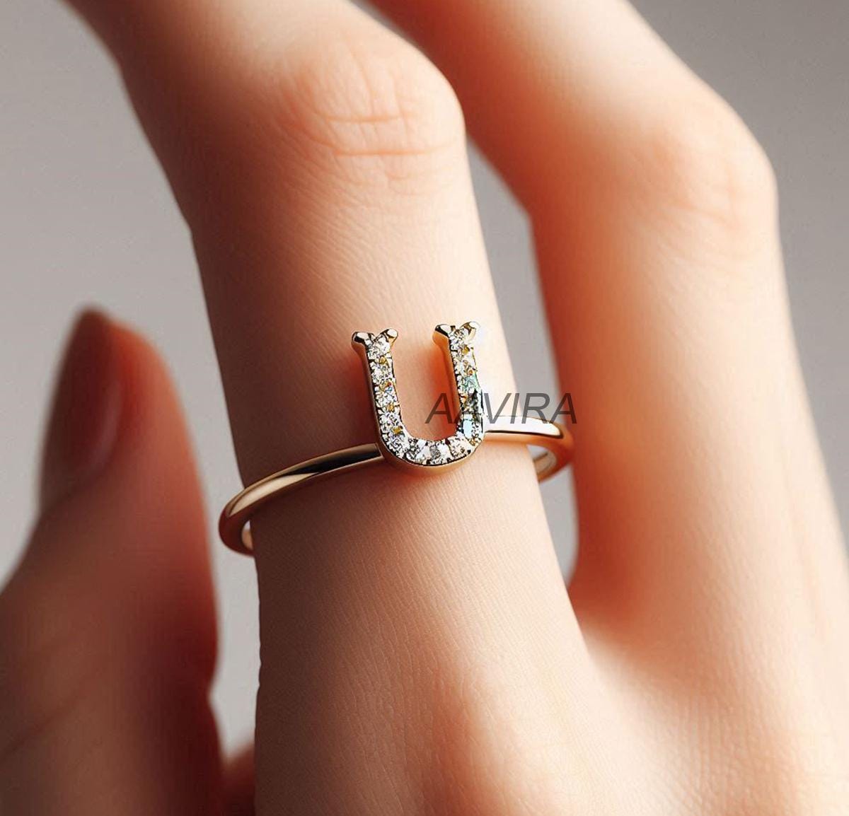 U Moissanite Ring, U Initial Pave Set Moissanite Ring, U Diamond Ring, 14k Yellow Gold Plated, U Name Ring, Handmade Ring, Gift for Her