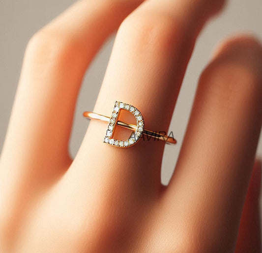 D Monogram Ring, D Letter Diamond Ring, Initial D Ring, Custom Jewelry, Handmade D Ring, Moissanite Diamond Ring for Women, D Alphabet Ring