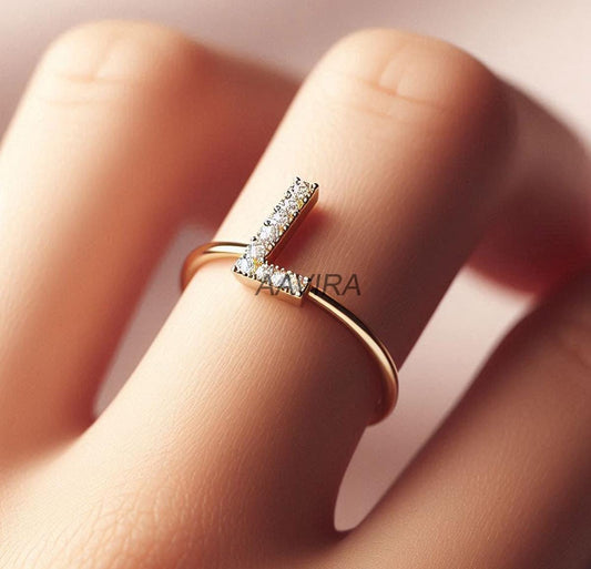 L Dainty Ring, L Initial Diamond Ring, Minimalist Diamond Ring, L Initial Ring, 14k Yellow Gold Alphabet Ring, Handmade Jewelry, Women Gifts