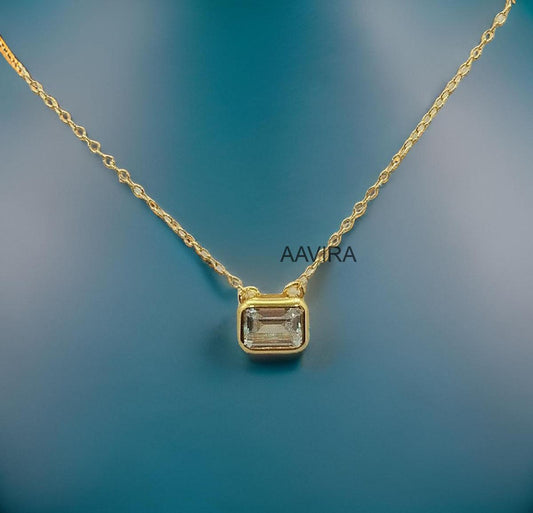 Emerald Necklace, Dainty Diamond Chain Necklace, Bezel Set Necklace, Emerald Cut Necklace, Solitaire Necklace, Diamond Jewelry, Gift for Her